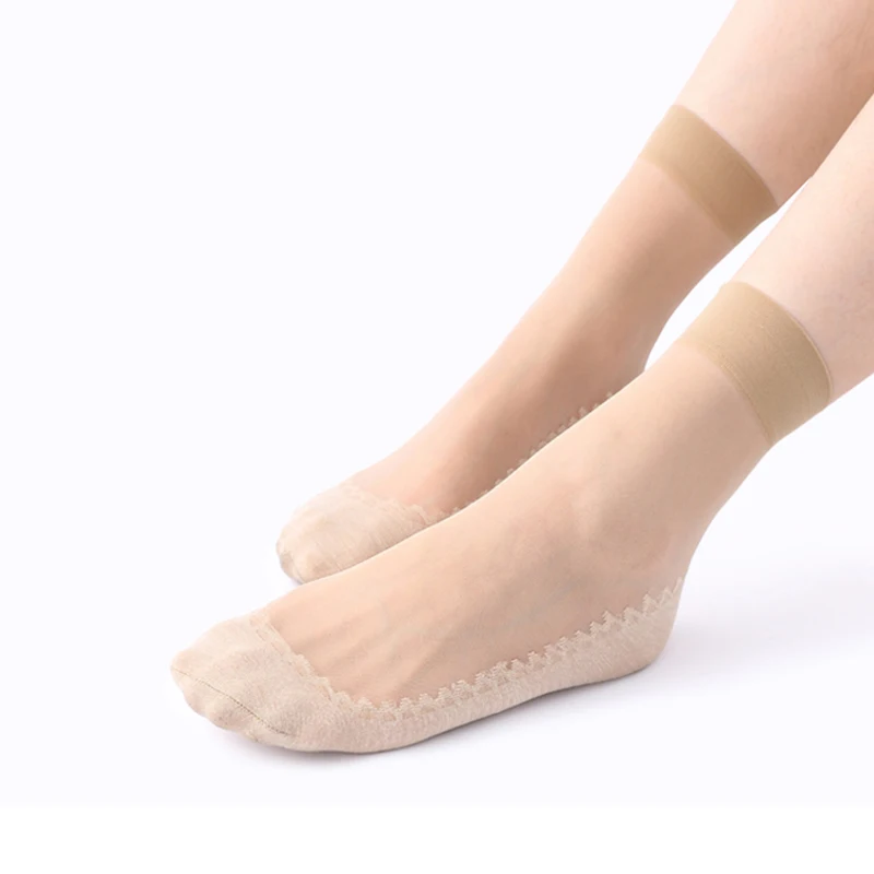 

10 Pairs/Lot Velvet Womens Socks Cotton Bottom Soft Non-slip Sole Massage Wicking Thin Crystal Transparent Silk Ankle Sock #F