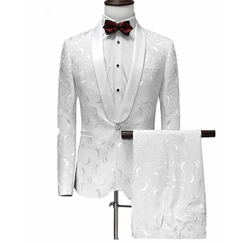 White One Button Men Suit Jacquard with Pants Tuxedo Shawl Collar Man Wedding Custom Made Two Pieces (Jacket+Pants) | Свадьбы и