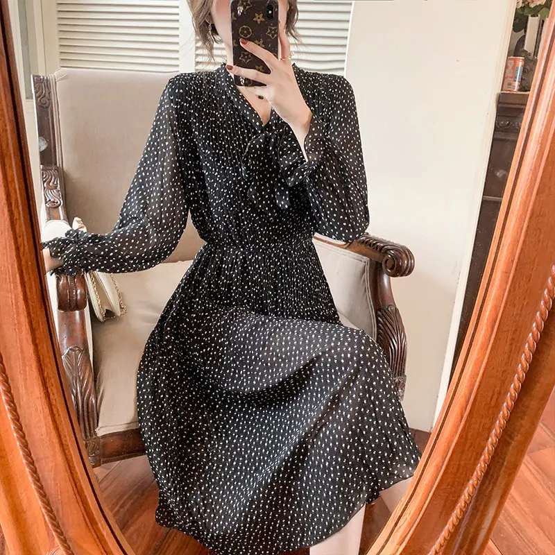 

Женское винтажное шифоновое платье в горошек, повседневное красное платье с длинным рукавом и подкладкой, осень