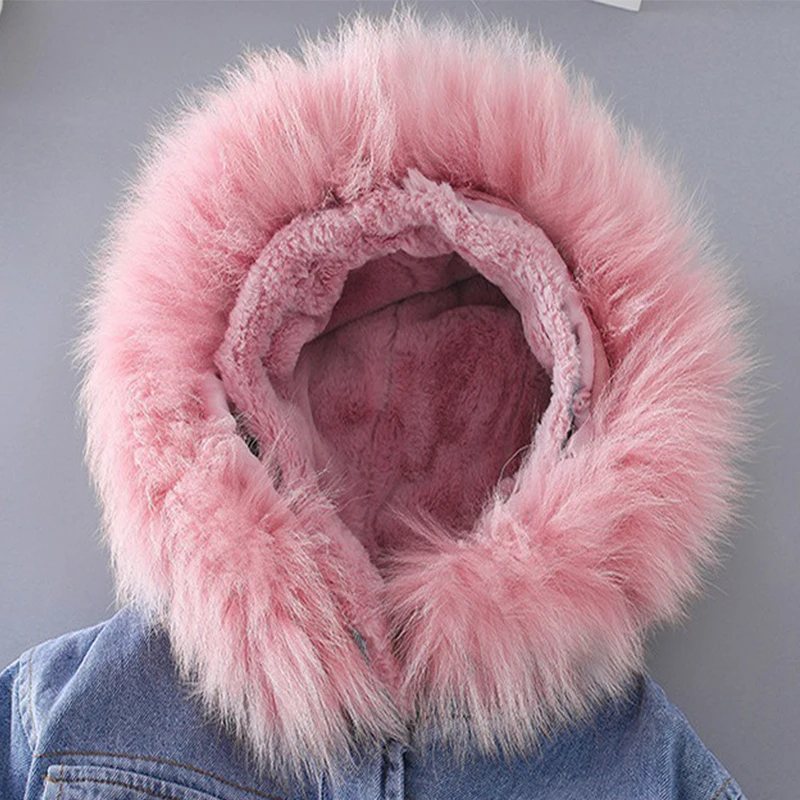 

LZH 2021 New Autumn Winter Baby Girls Jackets Children Plus Velvet Denim Jacket For Girls Fur Collar Cotton Jacket Kids Clothes