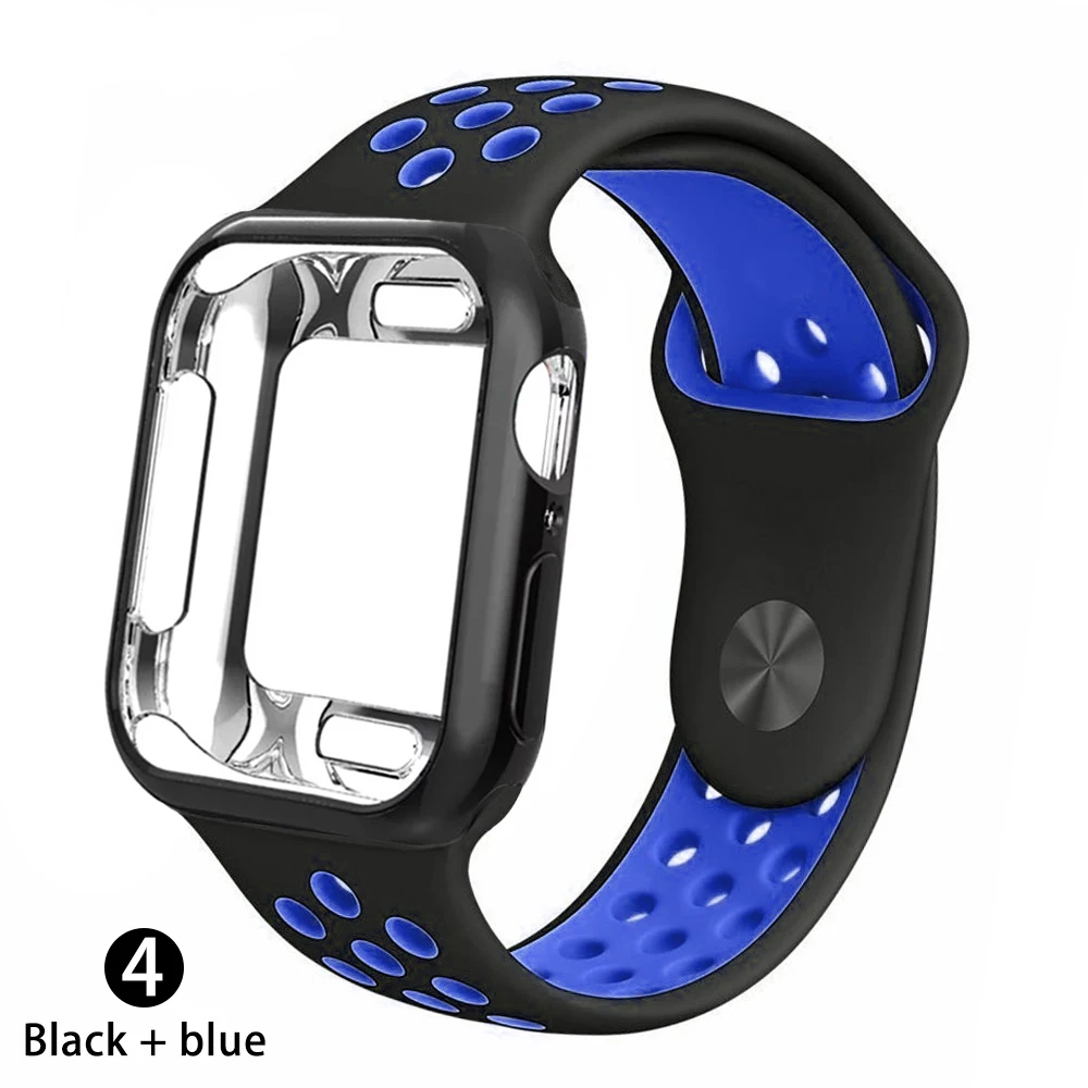 Чехол+ ремешок для apple Watch 5 ремешок 42 мм 38 мм 40 мм 44 мм спортивный силиконовый браслет для apple iwatch series 5 4 3 2 1 Аксессуары - Цвет ремешка: Black    blue