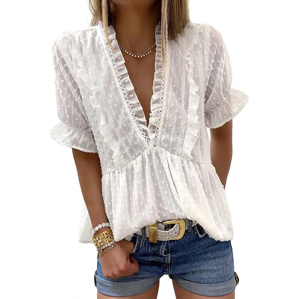 

2021 Women Blouses Five-point Sleeve Shirt Summer Female Ruffle Pullover Vintage Blusa Muyogrt Shirts Womens Sexy Tops New