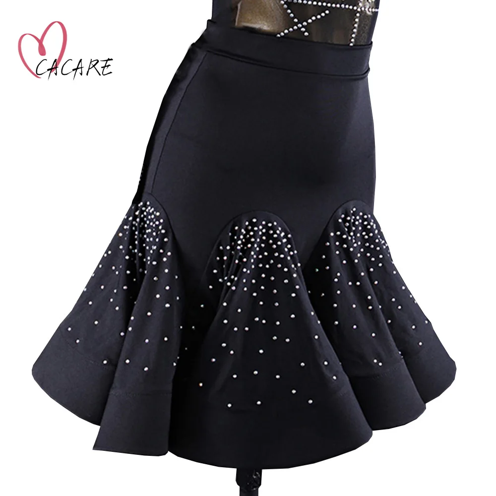 Latin Dance Skirt Shinny for Women Girls Ruffled Hem with Rhinestones Salsa Fringe Tango Dress Dancing Black D0383 CACARE | Тематическая