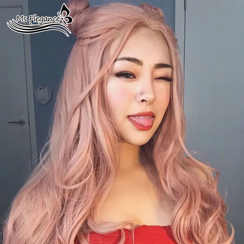 

MS New 2020 Long Wavy Synthetic Lace Front Wigs Natural Wavy Pink Lace Front Wig For Women Heat Resistant Glueless Lace Wig