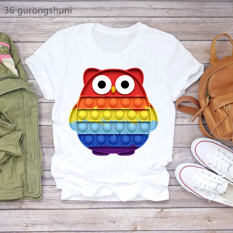 

Rainbow Owl Cartoon Print T-Shirt Women Funny Pop It Tshirt Femme Fidget Toys Push Bubble T Shirt Female White Pink Shirt Tops