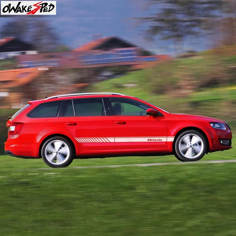 Autocollants en vinyle à rayures pour jupe latérale, 2 pièces, accessoires extérieurs pour véhicule, décoration de carrosserie, pour Skoda Octavia