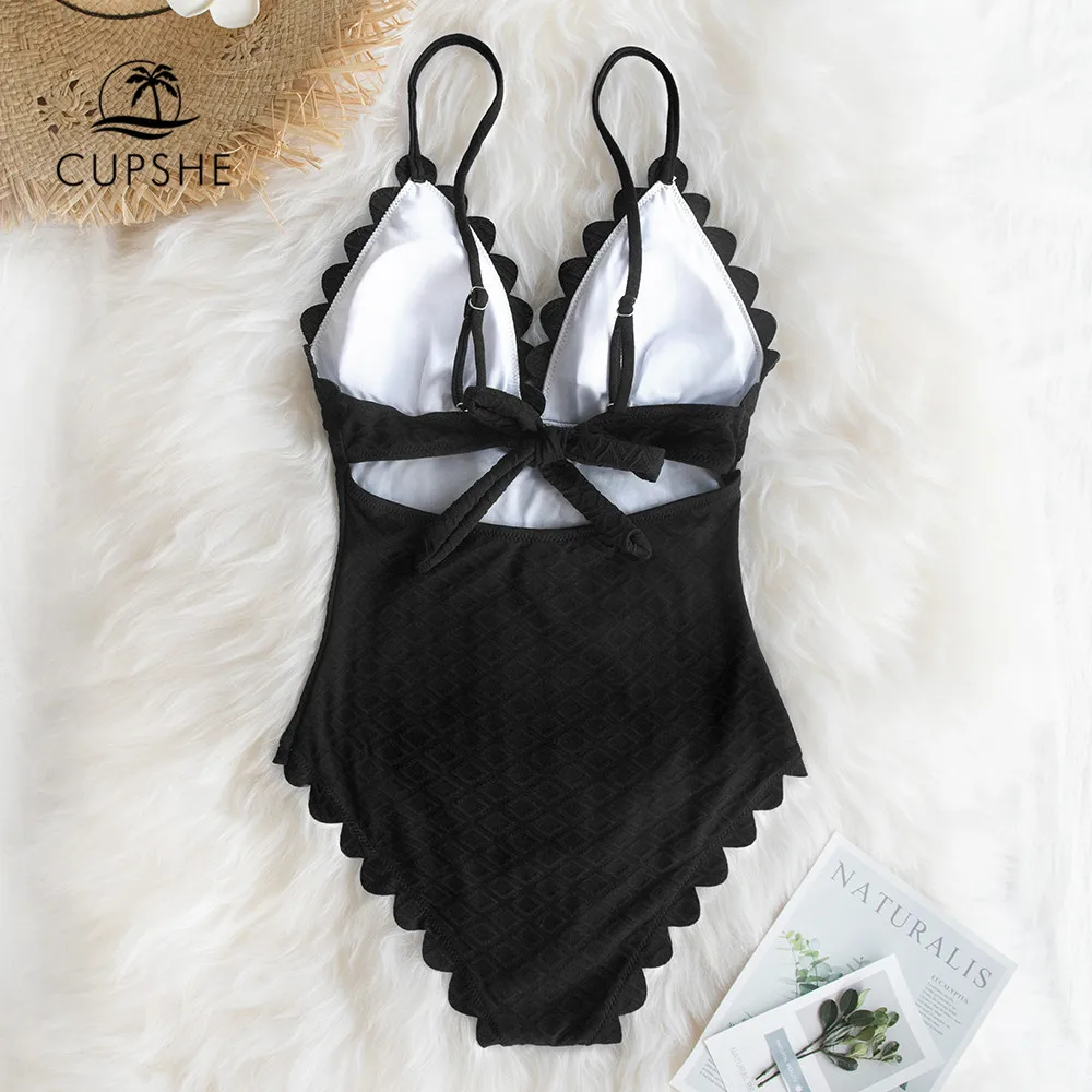 Купальник CUPSHE Женский черный волнистый однотонный с завязками|Комбинезоны| |