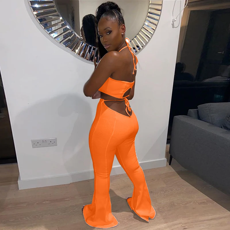 

Sexy Two Piece Set Backless Crop Top Bandage Flare Pants Summer Clothes for Women Clubwear Vacation Outfits Matching Set