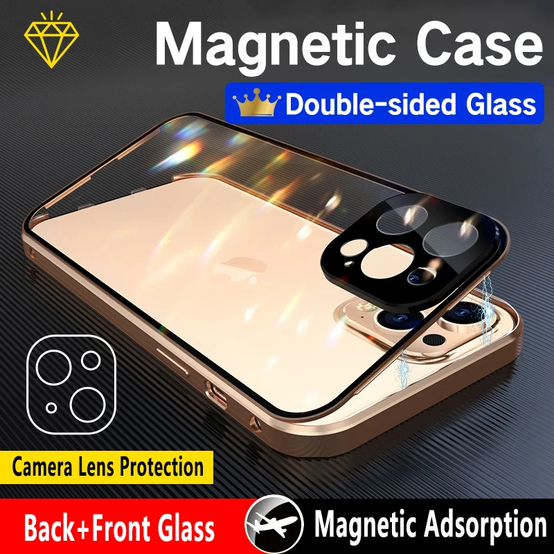 360 Double Sided Glass Magnetic Adsorption Metal Phone Case For iPhone 13 12 Mini 11 14 Pro Max Camera Lens Protector Film Cover