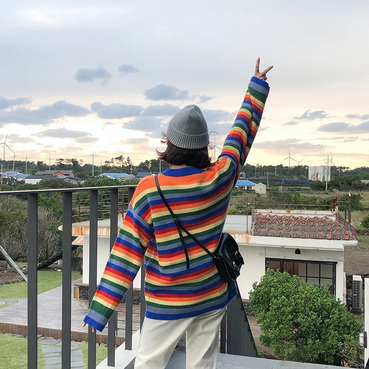 Женский свитер с радужными полосками Вязаный рождественский в Корейском стиле