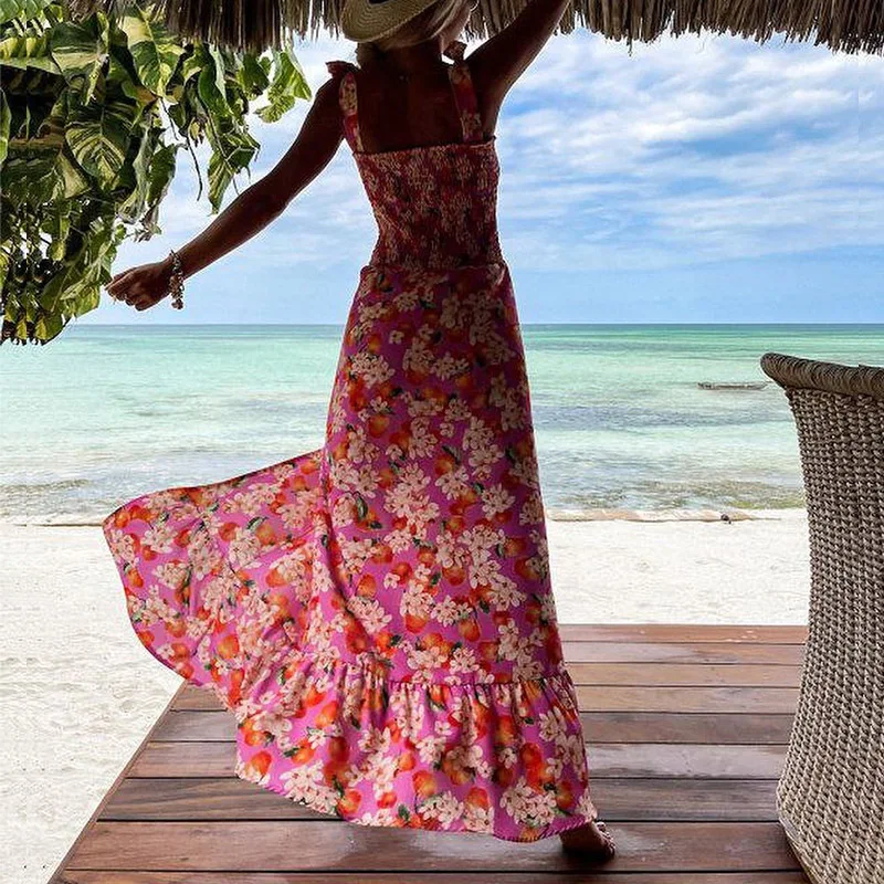 

Summer Fashion Boho Print Long Dress Women Retro Tie-Up Strap Pleated Elastic Slit Dress Casual Sexy Slash Neck Maxi Party Dress