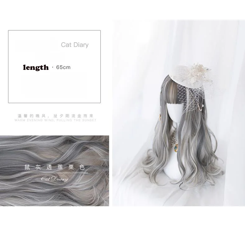 65cm WIG ONLY Принцесса сладкий японский Лолита парик Лолита ежедневный постоянный парик кошка дневник кошачьи уши серебро постепенно длинные вьющиеся волосы AG-124 - Цвет: 65cm WIG ONLY