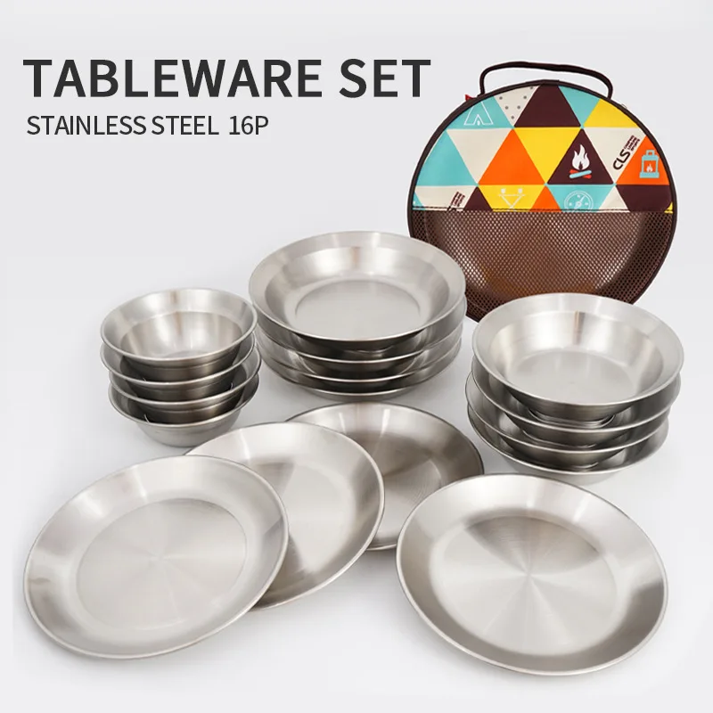 

Outdoor stainless steel dinner plate and bowl 16-piece set camping tableware self-driving portable camping barbecue plate