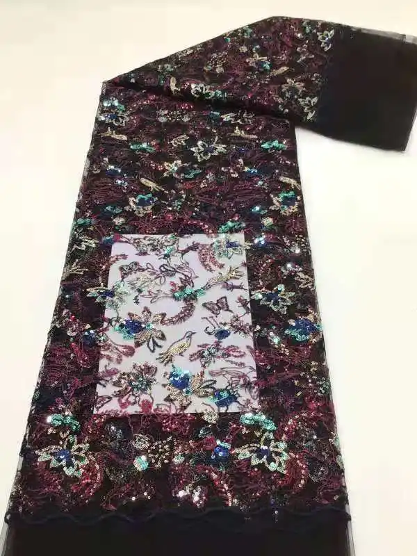 

2021 latest African lace high quality lace fabric 5 yards French fashion Color sequins embroidered flower lace fabric FJ-049