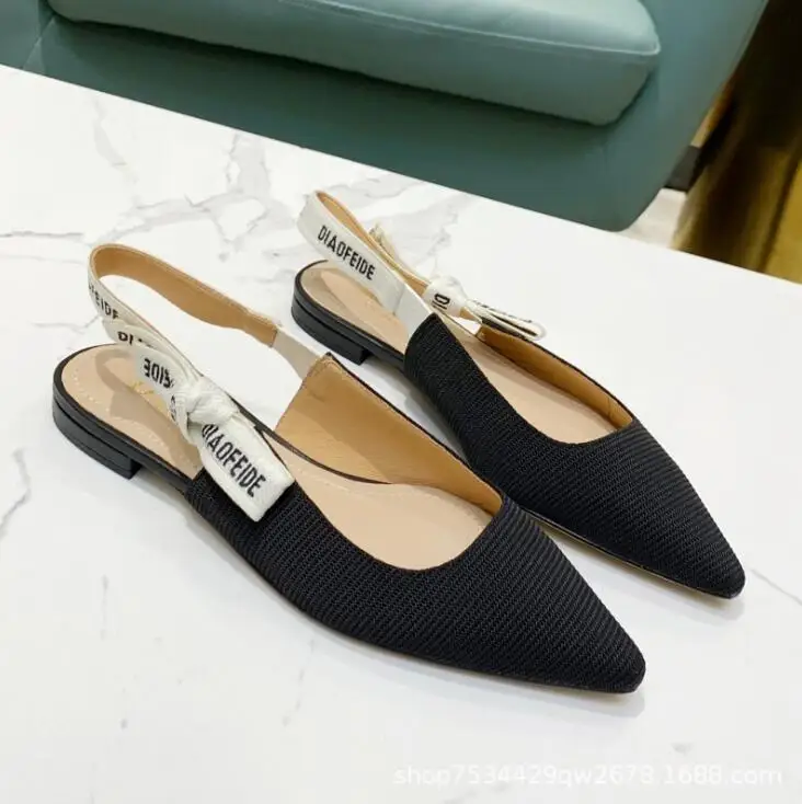 

New Letter Bow Knot High Heel Shoes Women Runway Pointed Toe Low Heel Shoes Woman Sandals Lady Brand Design Mesh Flat Shoes 42