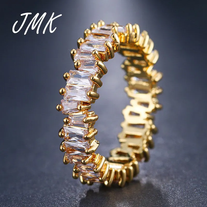 

JMK Trendy T Shape Stone AAA Cubic Zirconia Rings Fashion Baguette Leaf Silver 18k Gold Rings for Women Wedding Party Jewelry