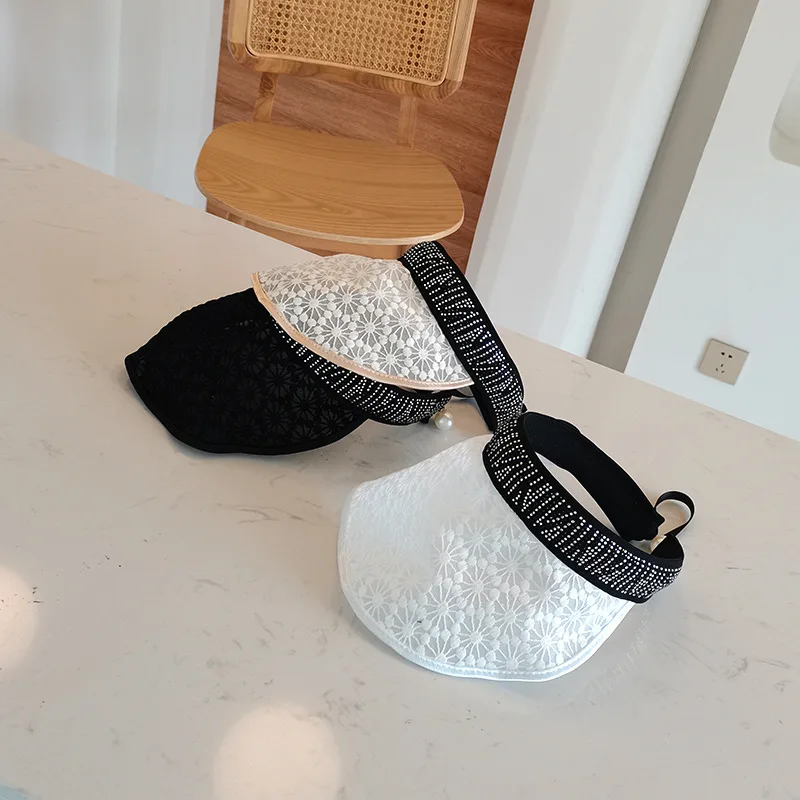 

Lace mesh embroidery sunshade empty top hat rhinestone breathable sunscreen top hat woman summer outdoor