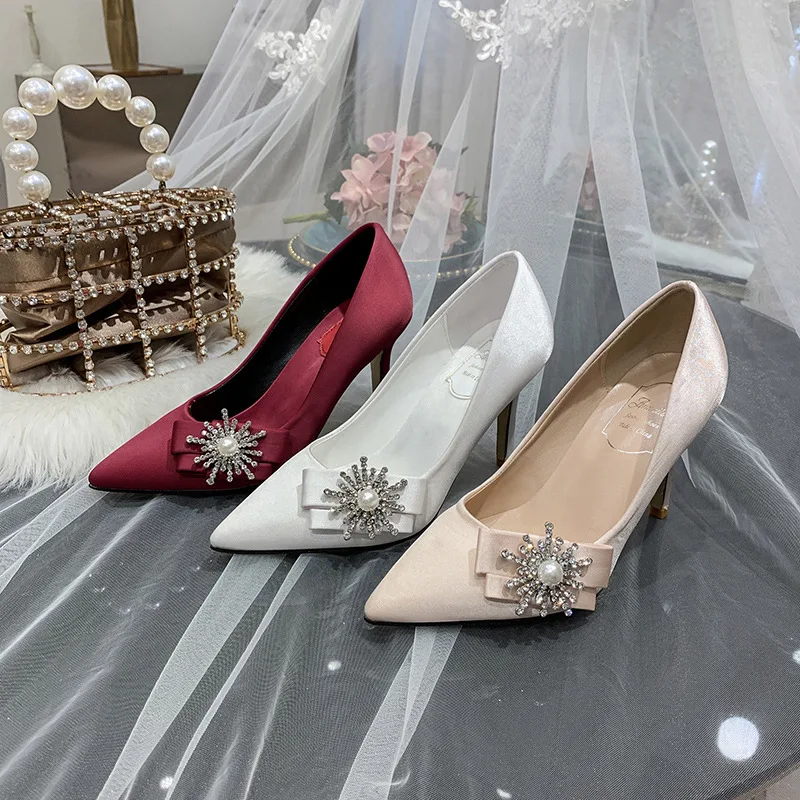 

Wine Red White Champagne Shallow Pointed Toe Fashion Shoes Woman 7cm/9cm Thin Heeled Wedding Shoes Spring Bridal Party Shoe