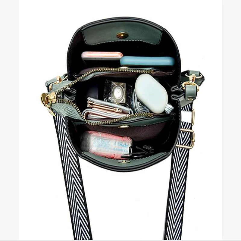 

2021 New Product Wide Strap Female PU Leather Bucket Handbag Womens Handbags Fashion Brand Ladys Shoulder Crossbody Bags 5202