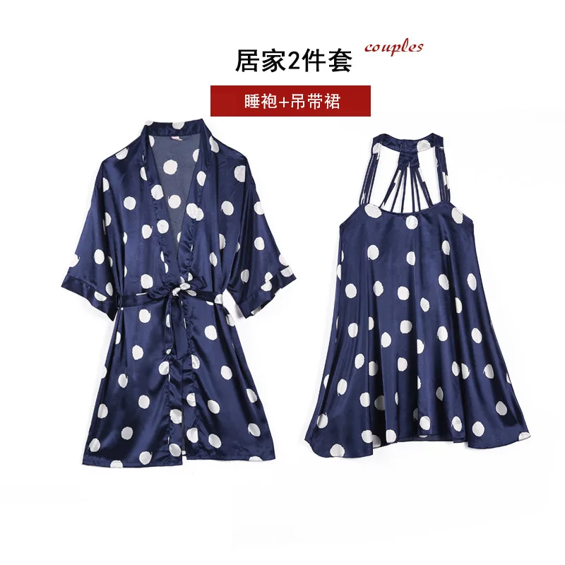

Silk Satin Lace Sexy Lingerie Nightgown Robe Sets for Women 2020 Summer Polka Dot Bathrobe Sleepwear Nightdress Night Dress