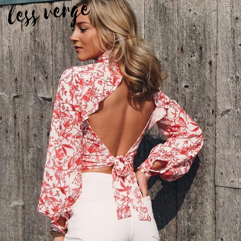Lessverge Цветочная Сексуальная Блузка с открытой спиной рубашка Женская водолазка