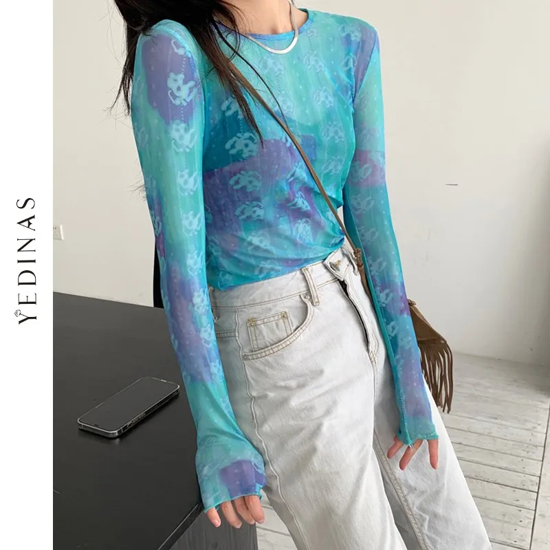 

Yedinas Aesthetic Gradient Tie Dye Mesh T Shirts See Through Slim Bodycon Sexy Tshirt E Girl Translucent Streetwear Stretchy Top