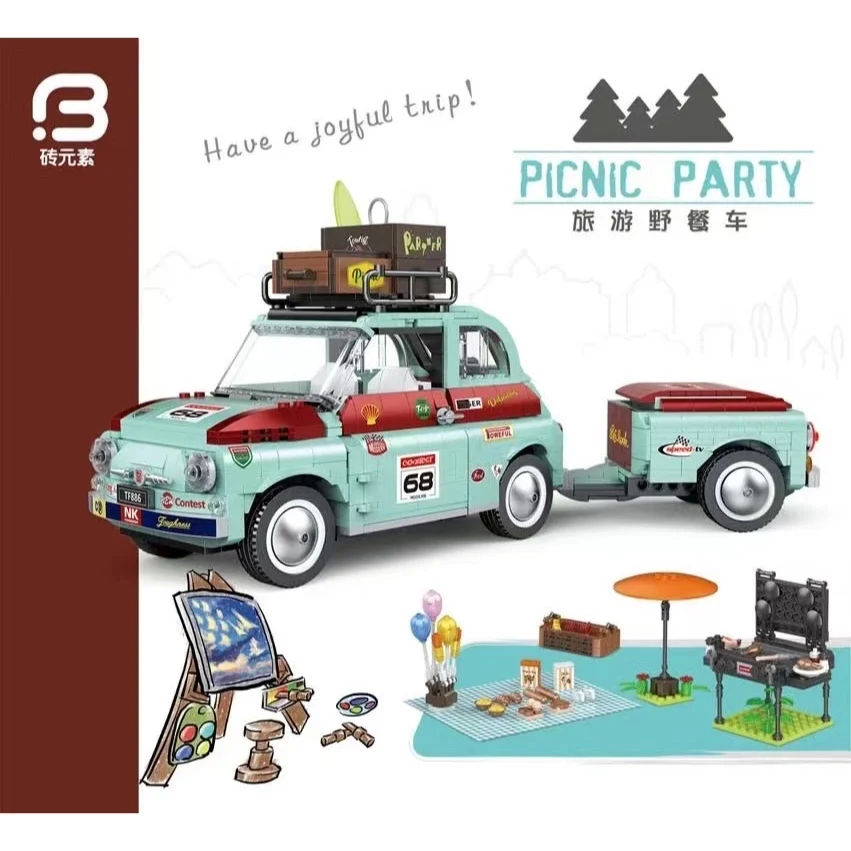 

City Series 19002 1475PCS Travel Picnic Car Building Block Mini Green Vehicle Brick Car 3D Modle Toys For Children Birthday Gift