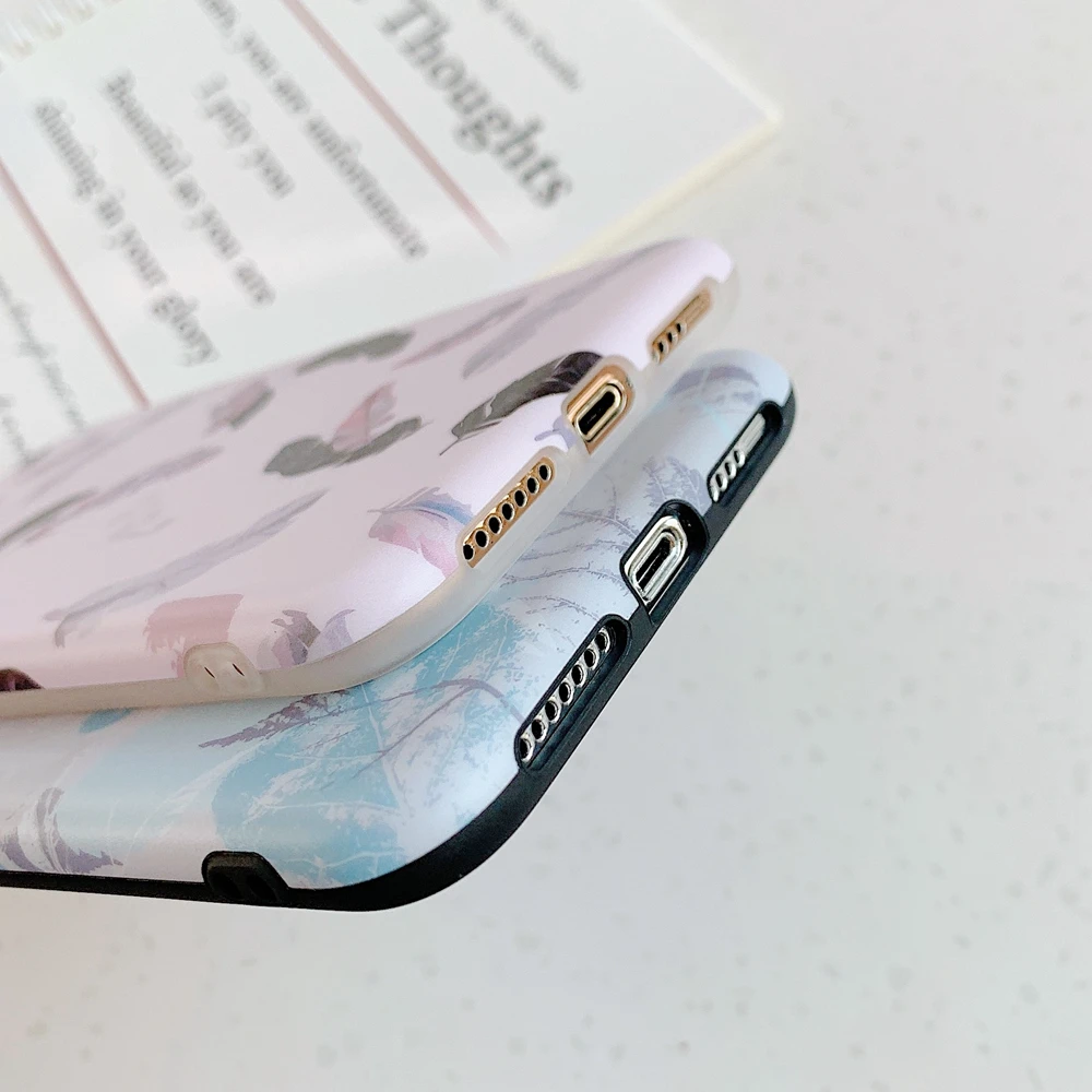Feather Cute Phone Case For Apple iPhone 11 Pro Warm Color Por Max Soft Back Couple Leather Shockproof Flower |