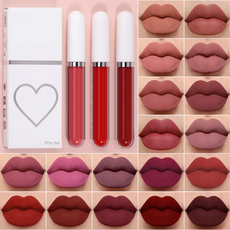 Набор матовых помад 3 цвета стойкий водостойкий бархатный блеск для губ набор