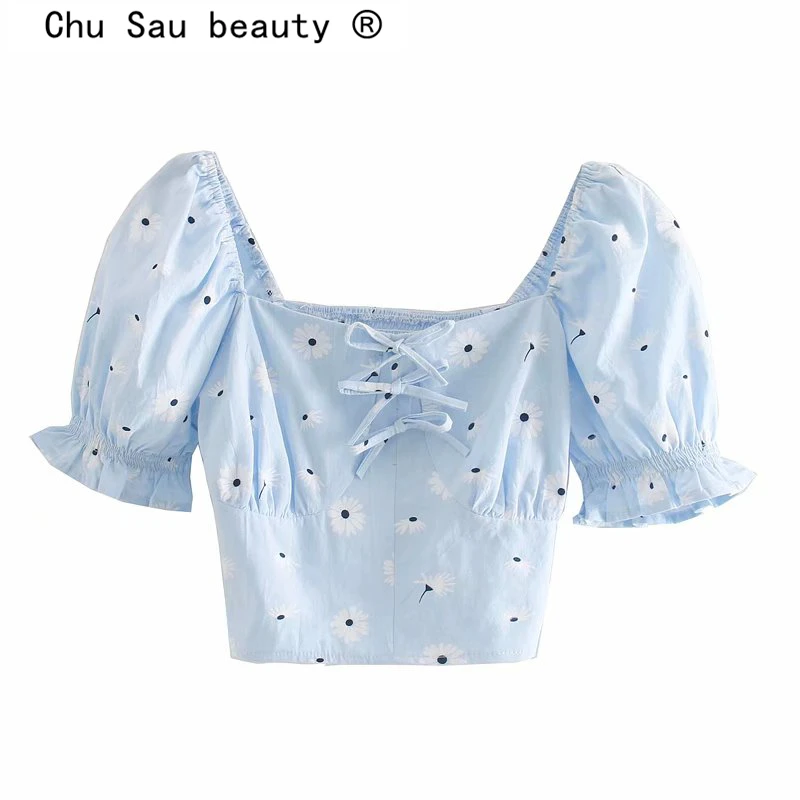 

Chu Sau beauty новые модные повседневные шикарные винтажные хлопковые топы с цветочным принтом, женские летние короткие Блузы с бантом и коротким...