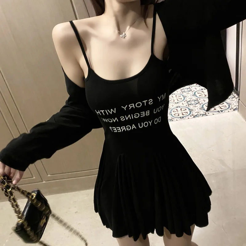 

Женский Повседневный костюм, корейский стиль, укороченный топ и платье на бретельках, сексуальное платье с надписью печатная подвеска, дома...