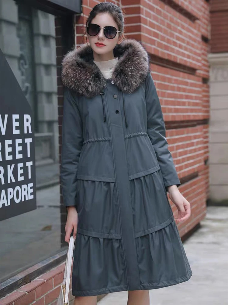 2021 Female Winter Thick Real Raccoon Fur Collar Real Rabbit Fur Lining Parka Women Fur Jacket 105cm Long Slim Warm Coat