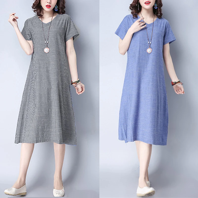 Платье трапеция женское из хлопка и льна с V образным вырезом коротким рукавом|Женские платья| |