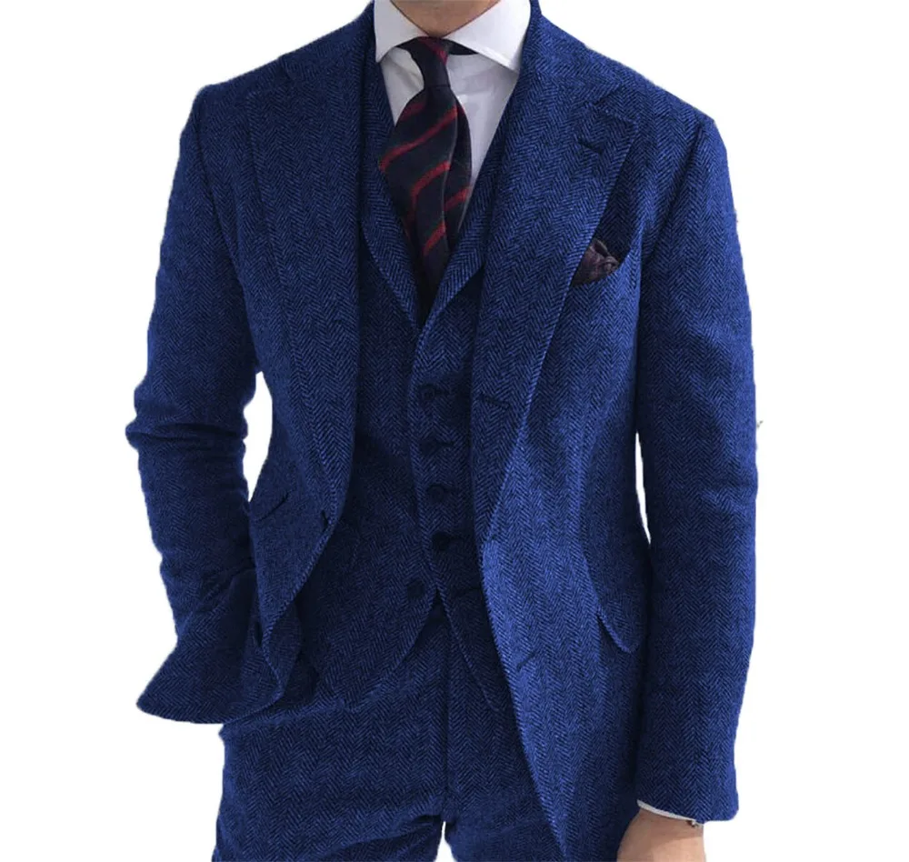 Gray Wool Tweed Men Suits For Winter Wedding Formal Groom Tuxedo 3 Piece Herringbone Male Fashion Set Jacket Vest with Pants images - 6