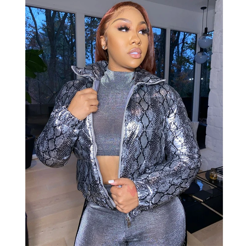 

TNNAOFF New Popular Snake Print Bright Leather Puffer Jacket for Women Winter Warm Thick Parka Sexy Long Sleeve Zip Bubble Coats