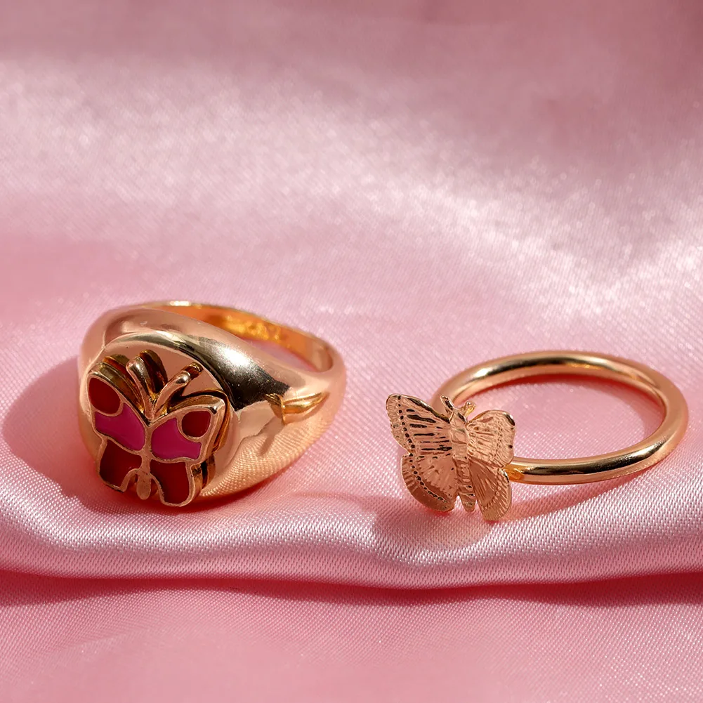 

Vintage Bagua Yin Yang Enamel Ring For Women Sweet Girls Pink Crystal Chunky Metal Flower Butterfly Rings Korea Jewelry Gift New