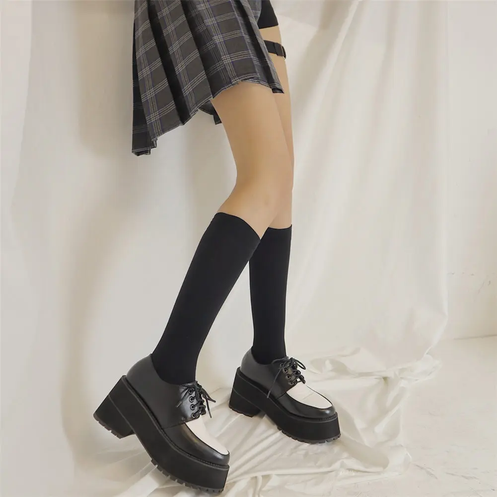 

DORATASIA Fashion Women Mix Color White Black Lace Up Platform Shoes Chunky Heel Thick Bottom Casual Pumps Women Pumps