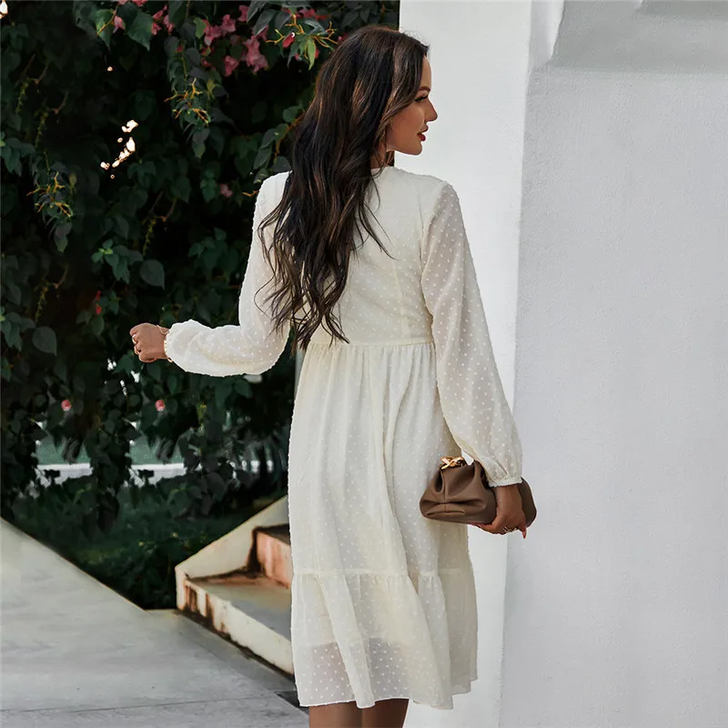 

Spring New Sweet Solid Dress Women Casual V Neck Lantern Sleeve High Waist Dress For Women 2021 Summer Chiffon Dress