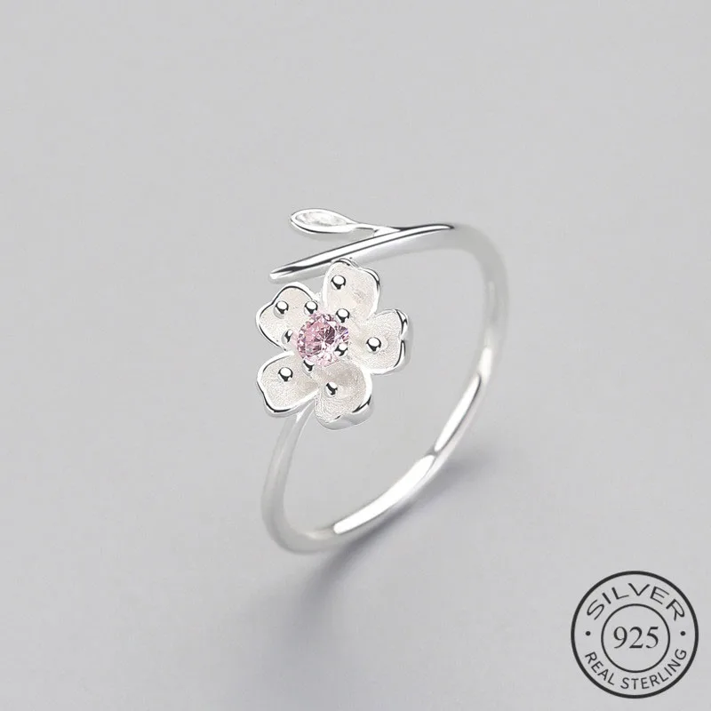 

Real 925 Sterling Silver Zircon Enamel Plum Flower Adjustable Ring Elegant Fine Jewelry For Women Romantic Party
