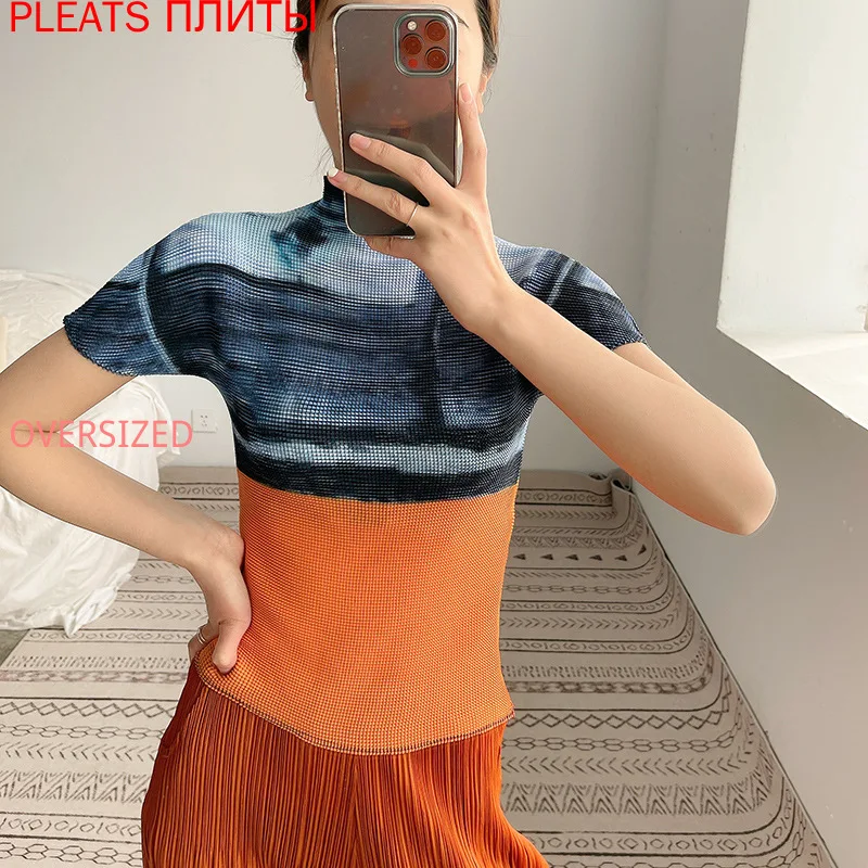 

Miyake, Классическая плиссированная блузка с принтом, женская тонкая летняя футболка, новый стиль, дизайнерский дизайн