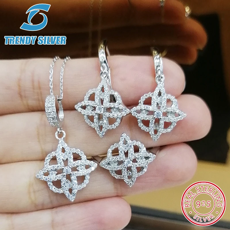 

complete pure 925 sterling silver zirconia clear CZ luxury jewelry set ring earrings for woman pendant necklace trendy design