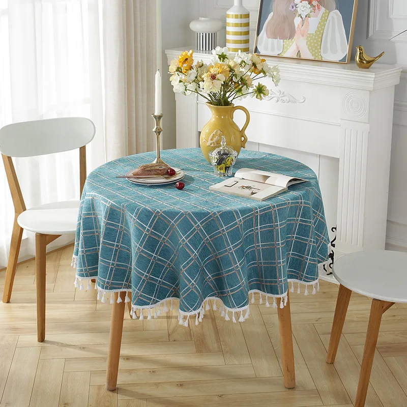 

Round Tablecloth Cotton Linen Lattice Table cloth with Embroidery Tassel for Holiday Home Party Picnic coffee table teapot