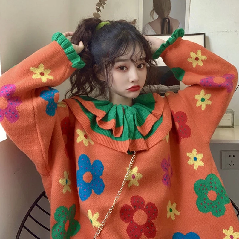 

Autumn Winter Doll Collar Thicked Flower Print Knitted Sweater Ins Conteast Color Patchwork Long Sleeve Pull Femme New Pullovers