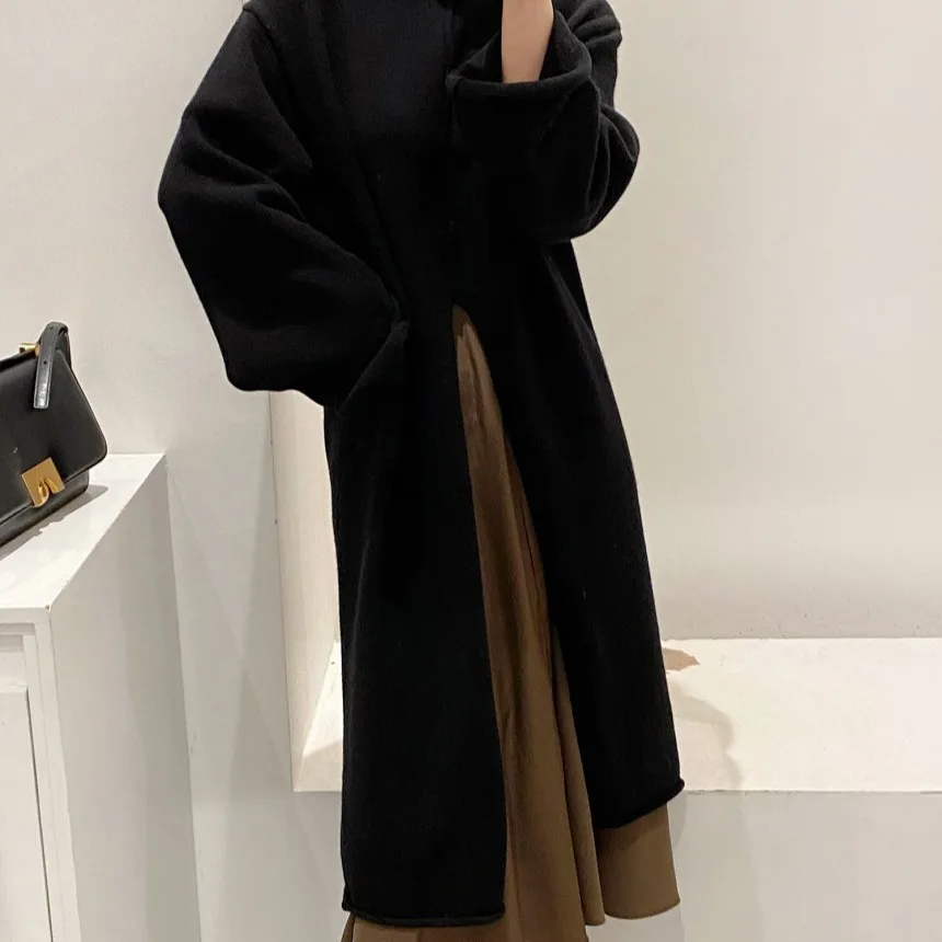 

2021 New Autumn Fashion Black Turtleneck Three Quarter Sleeve Split Hem Woman Floor-length Dress
