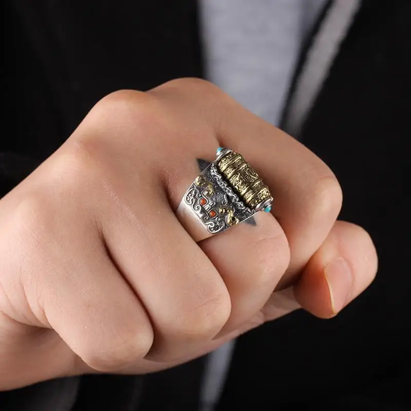 

New Six-character Mantra Ring Men's Personality Trend Retro Single Ring Rotatable Retro Personality Transfer Silver Ring