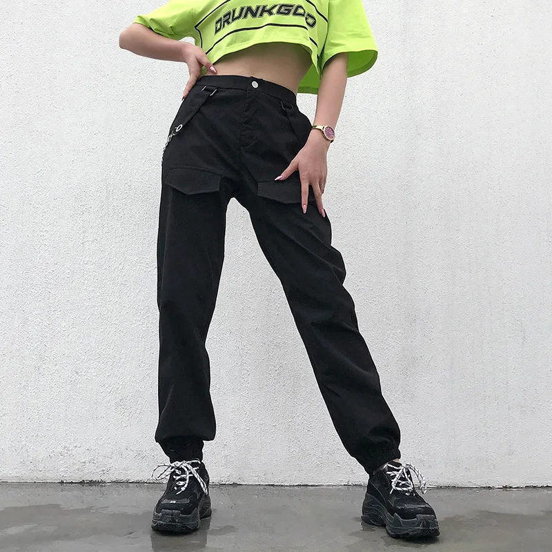 Черные женские брюки Helisopus с эластичной завышенной талией осенние в стиле хип-хоп