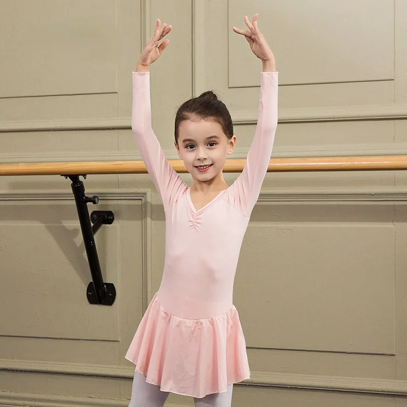 

Children's Long-sleeved One-piece Dress, Chiffon V-neck Lace Ballet Dance Dress, Exercise Costume