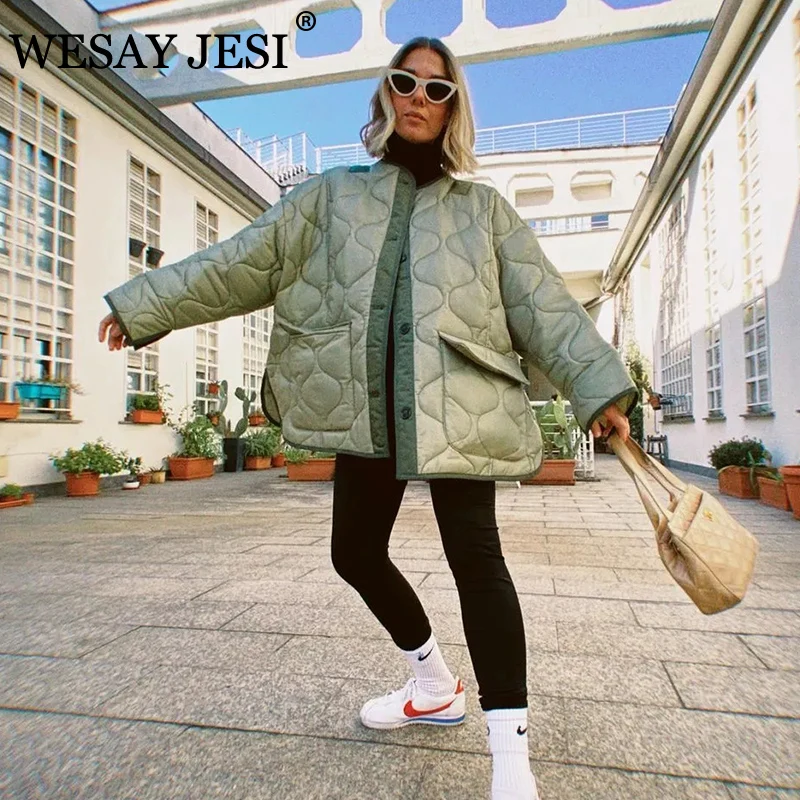 

WESAY JESI ZA Women's Loose Jackets TRAF Autumn Winter Long Sleeve Round Neck Thin Parka Oversize Coats Outwear Cotton Clothing