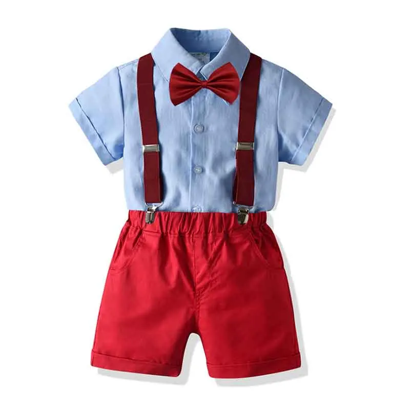 

Комплект официальной одежды для мальчиков, хлопковый топ с коротким рукавом и бантом + шорты на бретелях, Костюм Джентльмена для свадебвече...