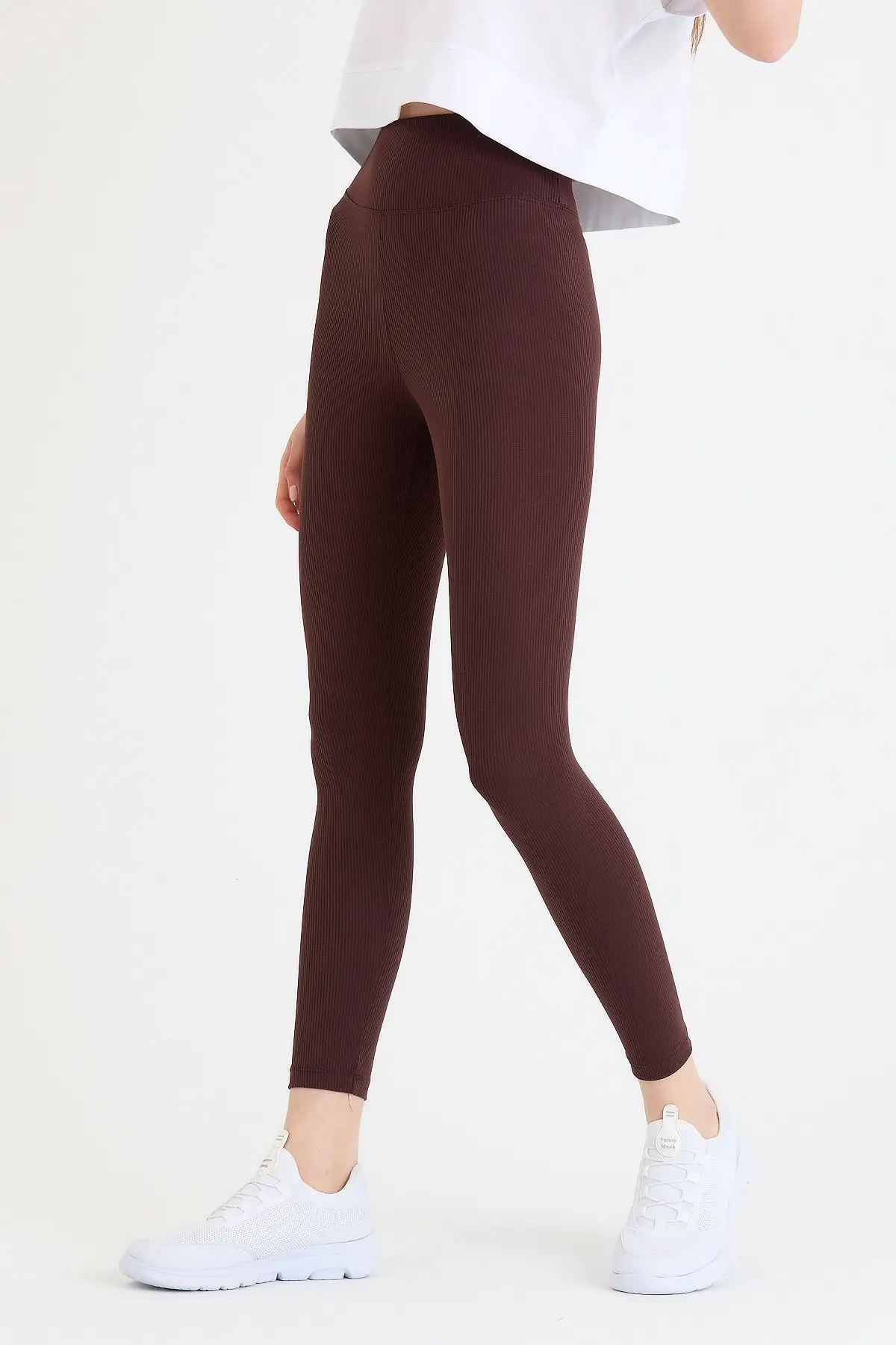 Women's Brown High Bel Ribbed Knit Leggings